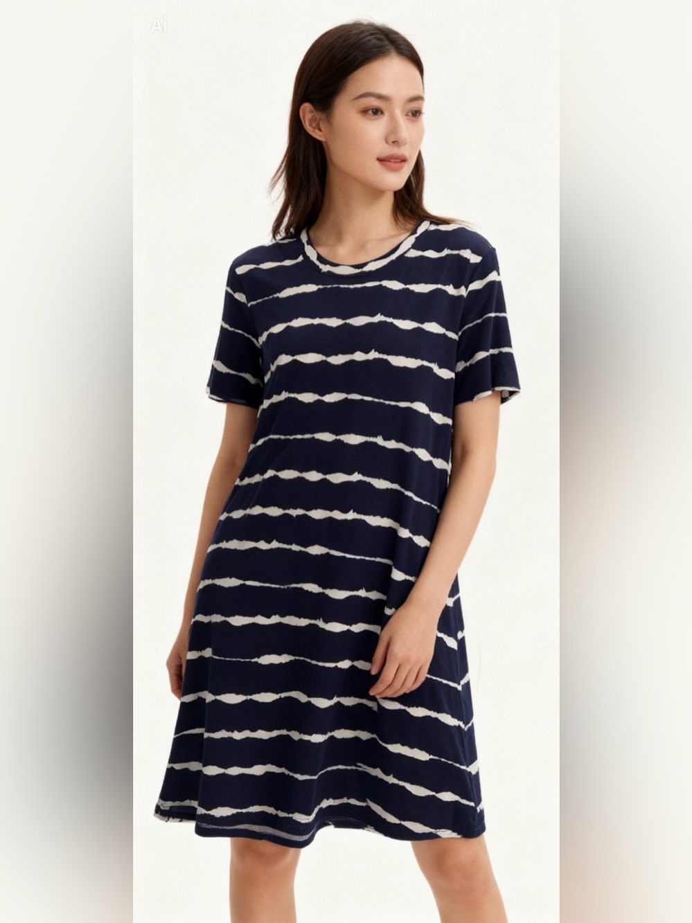 Navy and White Striped Midi Dress - Casual Short Sleeve